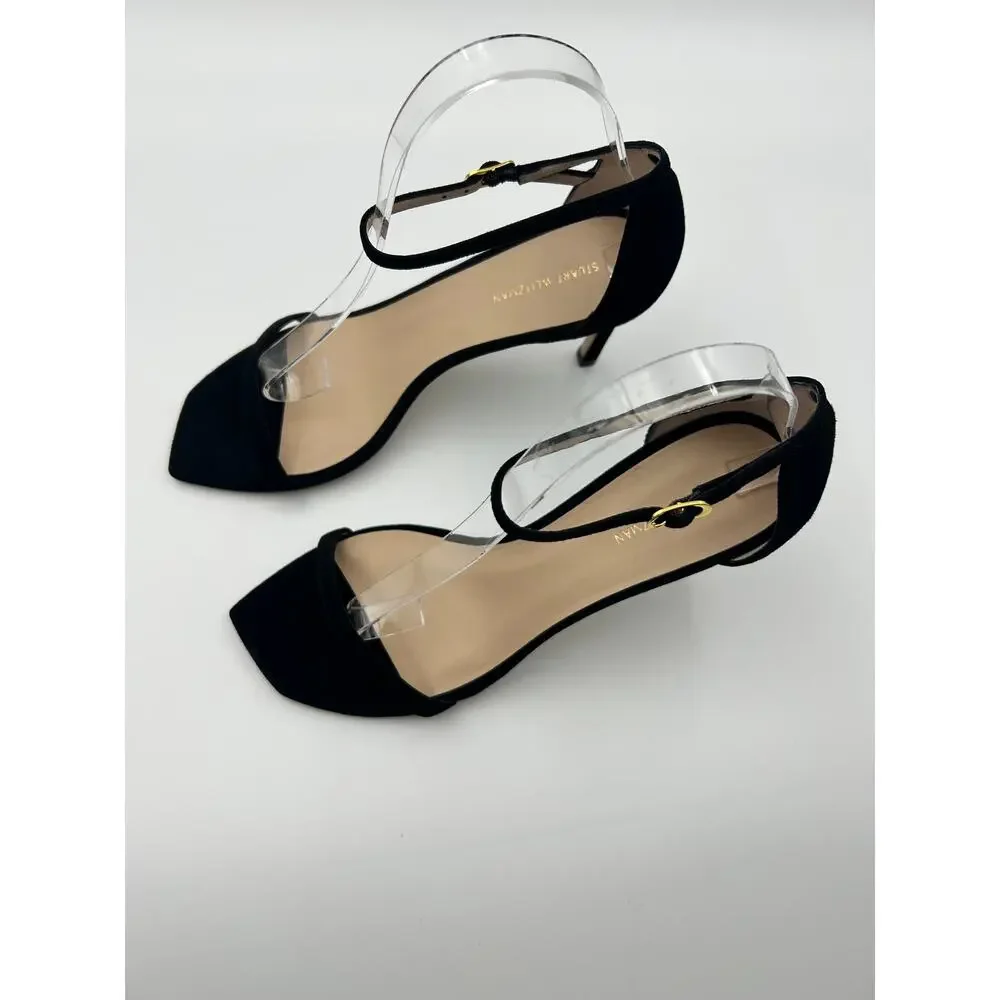Stuart Weitzman Black Square Toe Kitten Heel Strappy Sandals Siz 8 Quiet Luxury - Picture 2 of 5